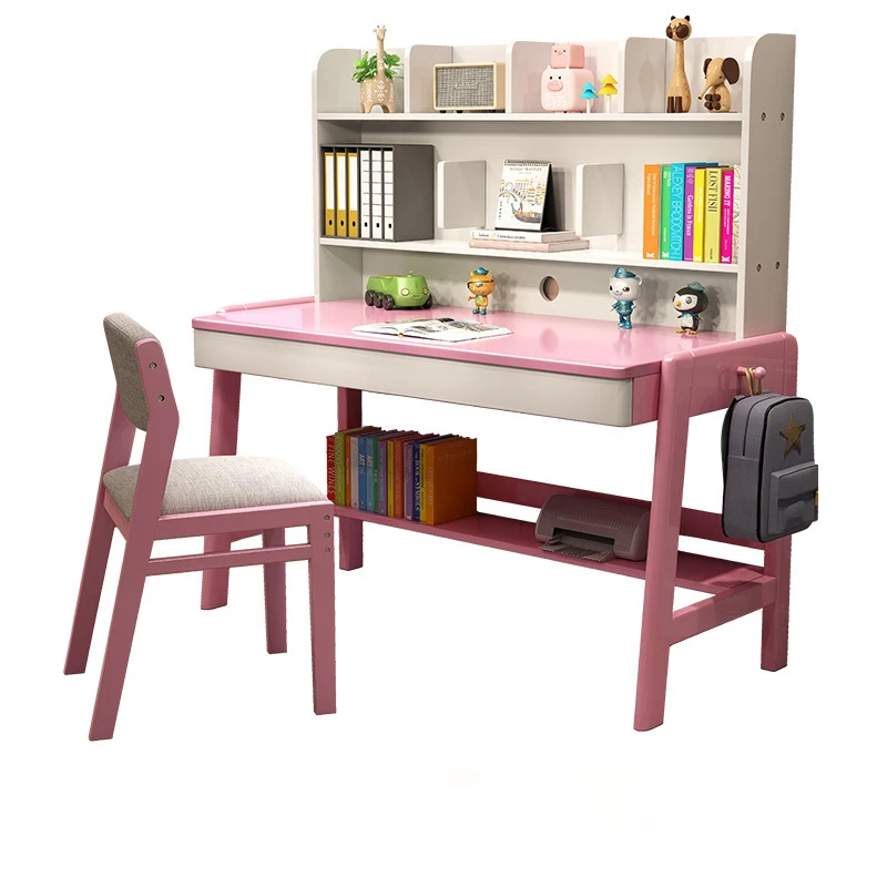 Modern Adjustable Children's Desk with Integrated Bookshelf Solid Wood School Learning Desk and Chair for Students