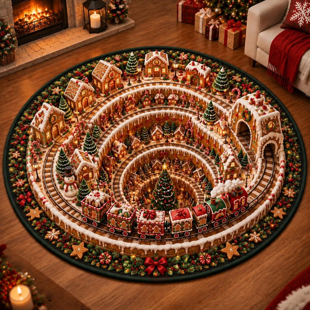 Vintage Snowman Lantern Circular Mat Winter Snowflake Plaid Pattern 3D Vortex Area Rug Poinsettia Cardinal Entrance Floor Carpet