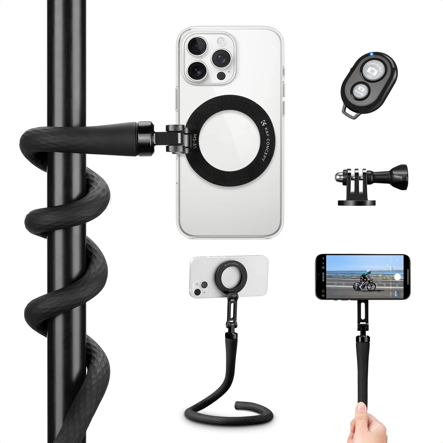 

K&F CONCEPT MS35 Magnetic Phone Mount with Bluetooth Remote Flexible Lanyard and Action Camera Adapter for iPhone 17 16 MagSafe