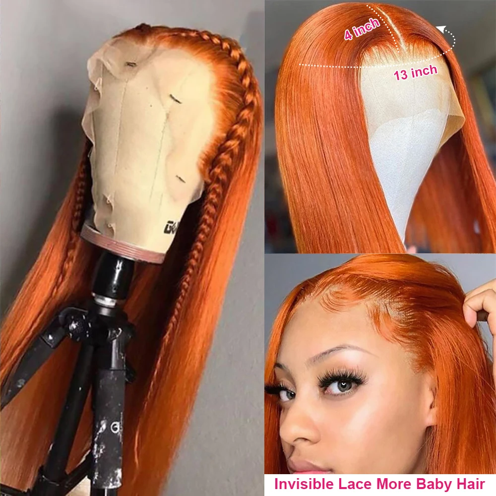 Straight Ginger Orange Lace Front Wig HD Transparent Lace Frontal Wig Colored Brazilian Human Hair Wigs For Women Pre Plucked