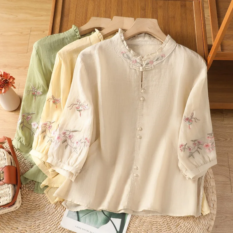 

Женские блузки в китайском стиле, винтажные рубашки с вышивкой, свободная летняя одежда, хлопковые льняные женские топы с короткими рукавами