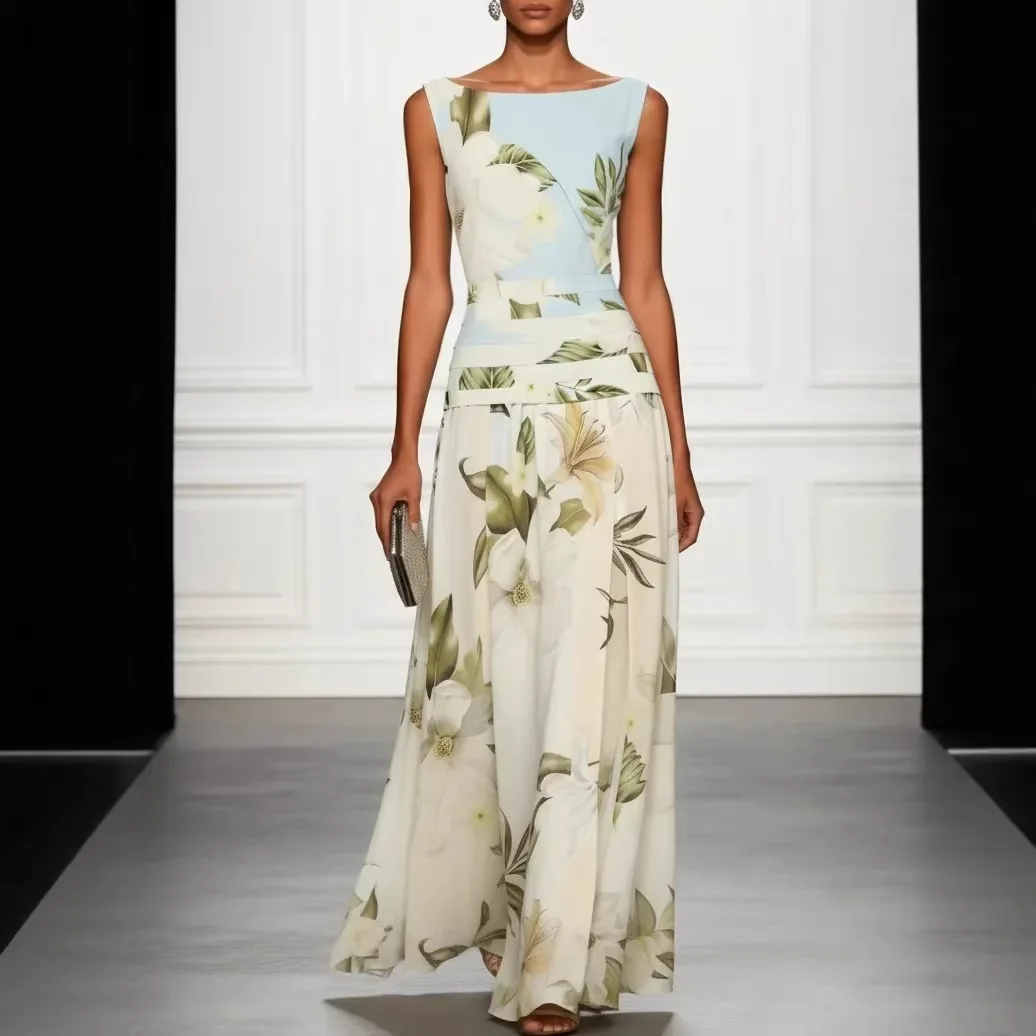 

Spring Summer Women V Neck Floral Print Sleeveless Dress Dresses Backless Belted Gown