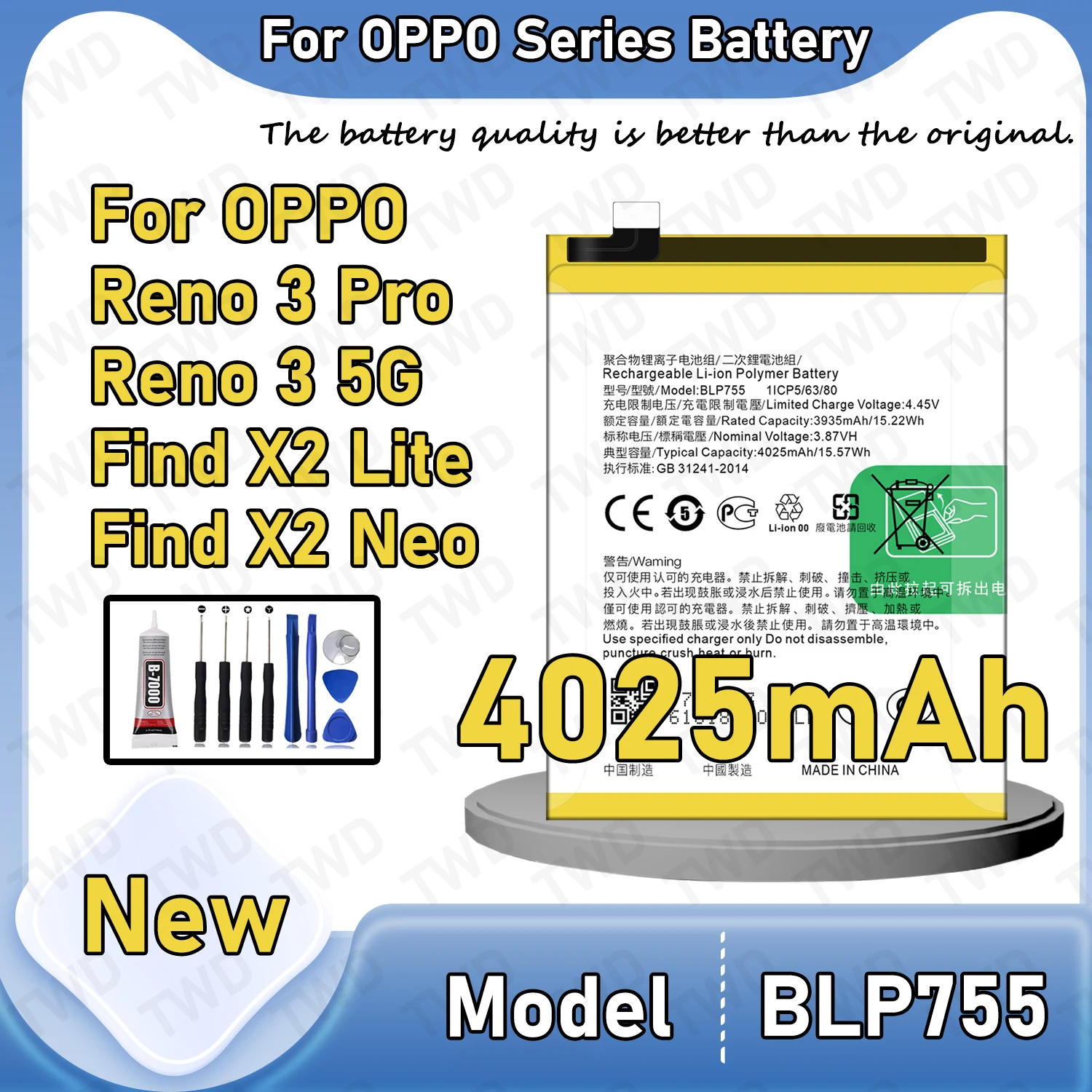 

BLP755 Large capacity Battery For OPPO Reno 3 Pro/ Reno 3 5G /Find X2 Lite/Find X2 Neo Batteries New High Quanlity