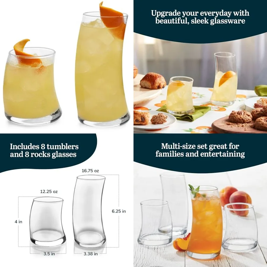 

Swerve Drinking Glasses Set of 16, Chip-Resistant Tumbler and Rocks Glass Cups Set, Fun, Edgy Everyday Drinking Glasses for Spe