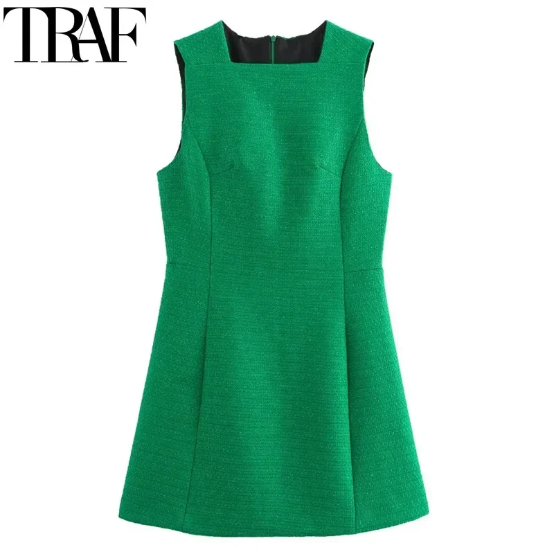 TRAF Green Texture Dress Women's Dresses Mini Tweed Sleeveless Short Dresses For Women Autumn Vest Elegant Party Dresses Woman