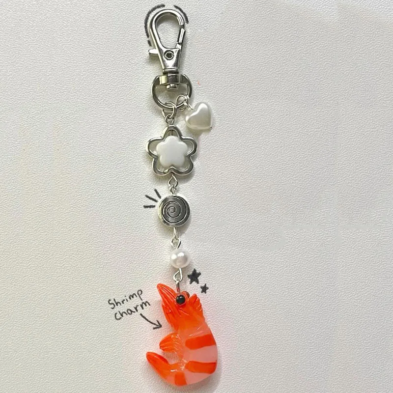 Colgante de camarones hecho a mano, abalorio para teléfono con cuentas, llavero Y2K de hadas