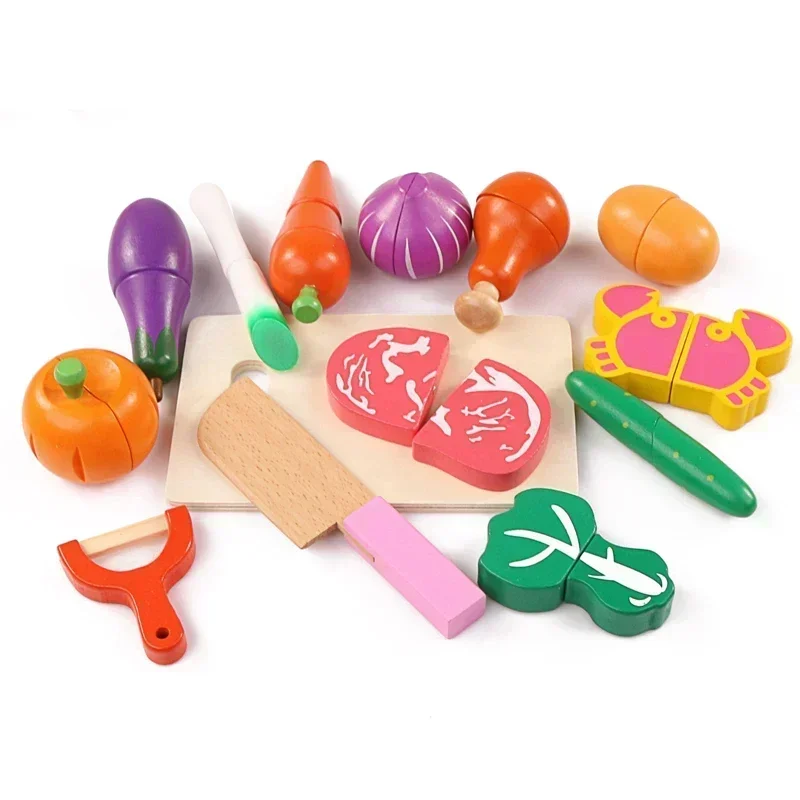 Baby pretend play house toys wooden funny kitchen toy food cooking toys play miniature kitchen set cutting fruit vegetable toys