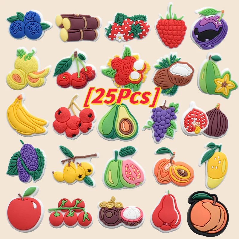 

25Pcs PVC fruit series apple lemon pear watermelon pinable orange shoe buckle charms accessories decorations for sandals clog