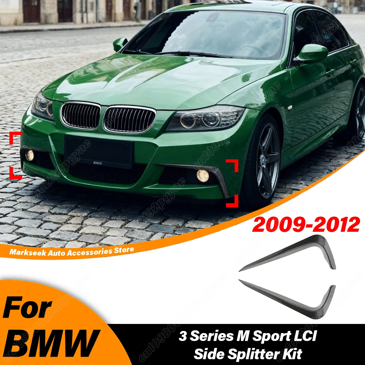 

Для BMW 3 серии M Sport LCI 2009-2012: Комплект для модификации кузова — передние сплиттеры (канарды) из ABS-пластика для бампера, боковые накладки