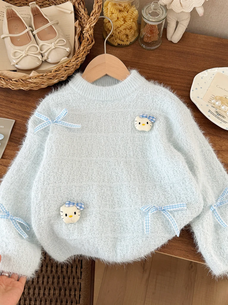 Thiened Rabbit Fur Knitted Sweater for Girls Autumn Winter  Knot Outerwear Soft Warm Long Sve round Ne Top