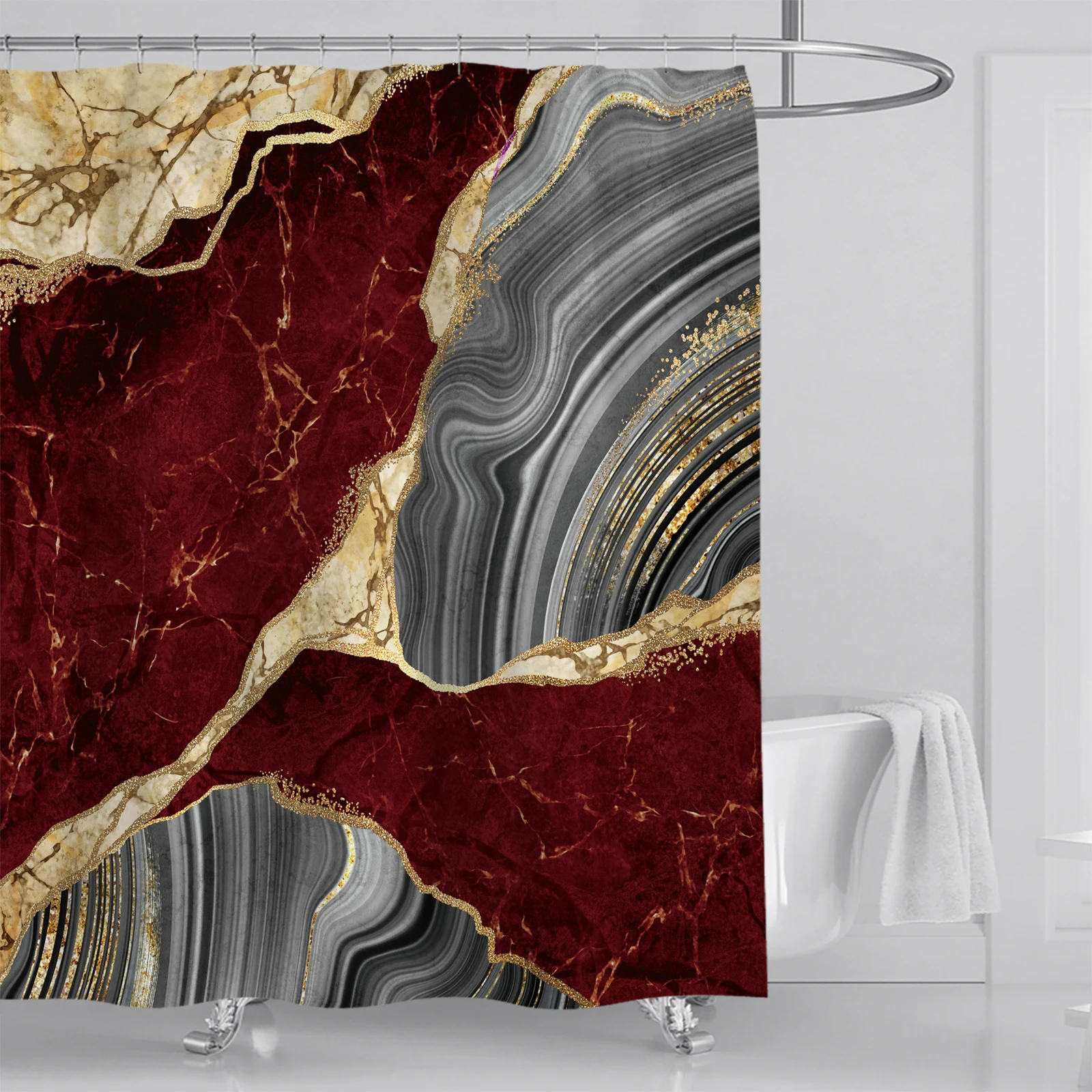 1Pc wine red marble shower curtain set, gold crack line gray abstract bathroom decoration modern art waterproof 71x71 inches