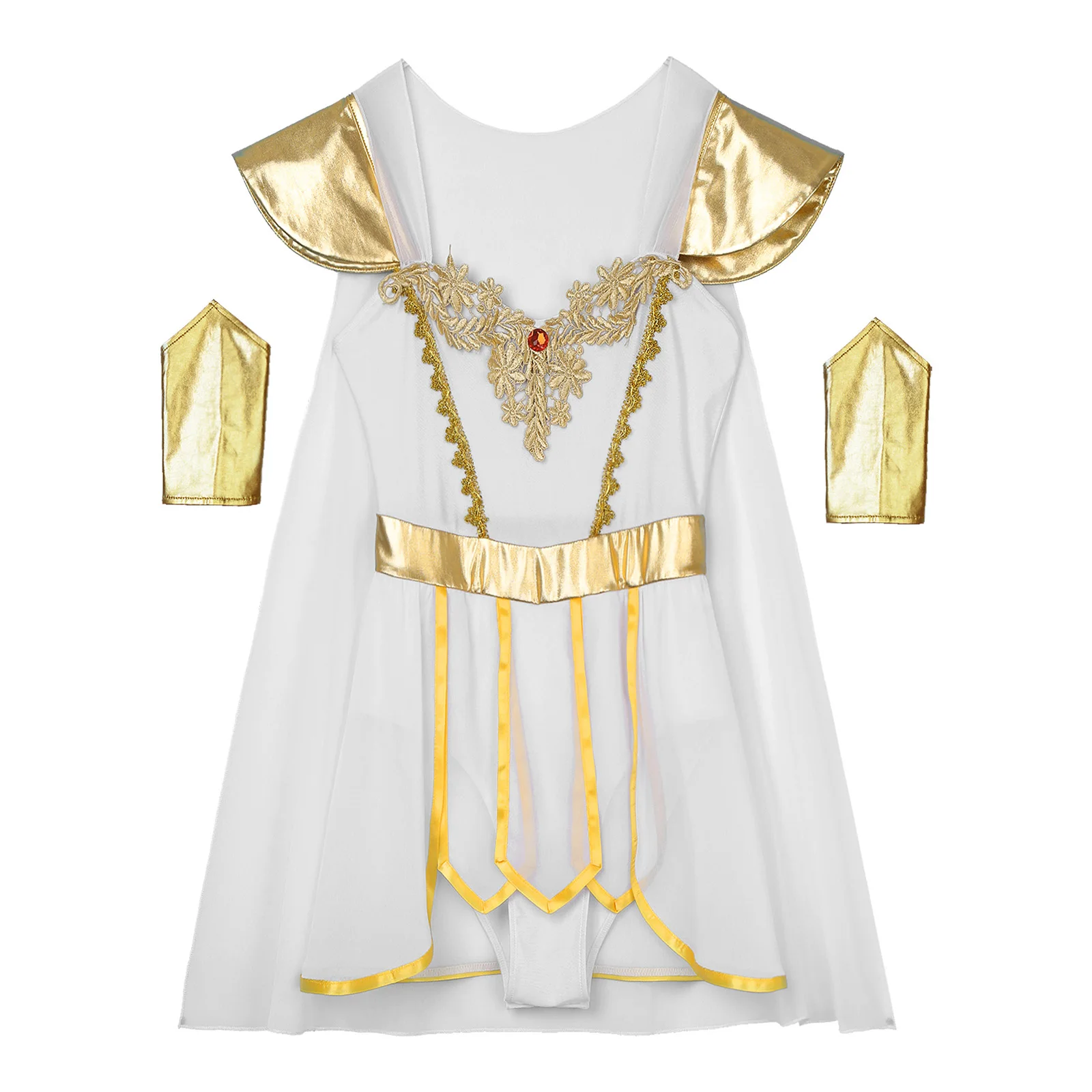 Womens Halloween Ancient Roman Greek Mythology Bodysuit Toga Athena Roman Cosplay Costumes Integrated Cape Petal Skirt Bodysuit