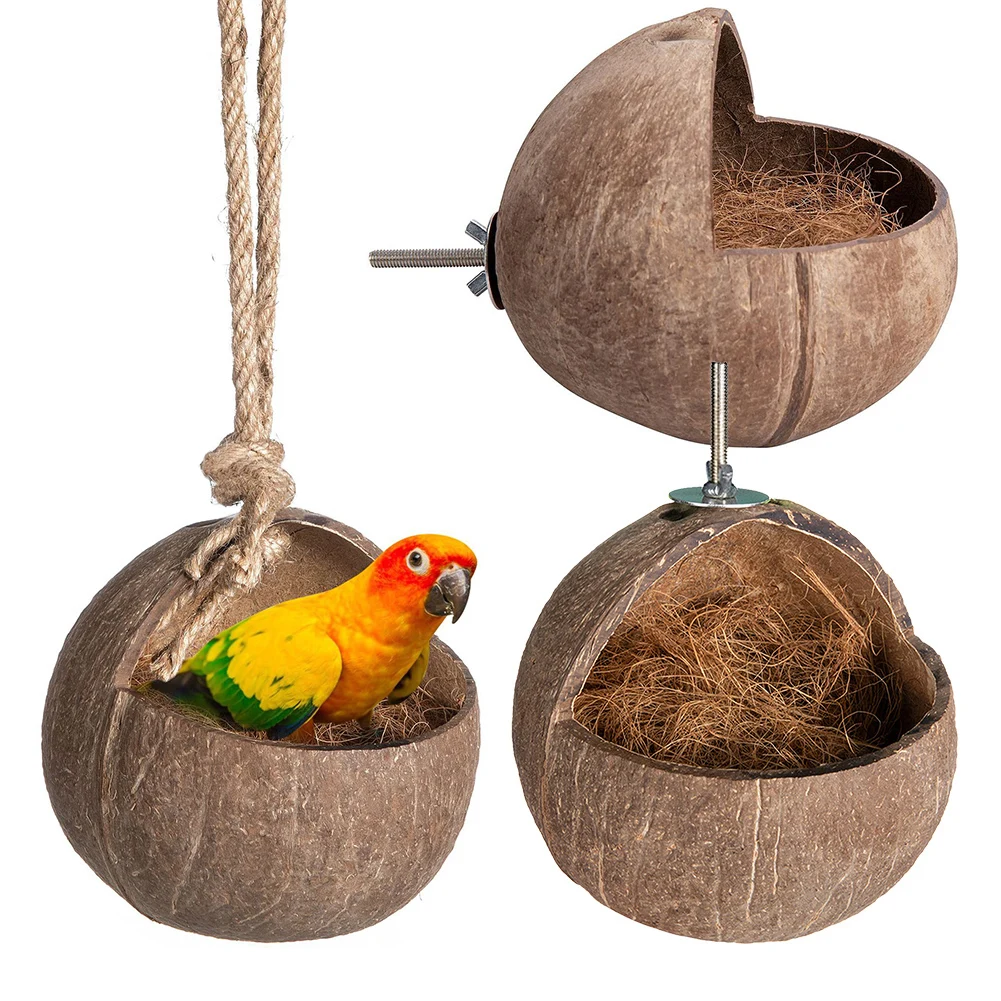 Casa de pájaro de coco, concha de coco, nido oculto, refugio colgante, jaula de pájaros, decoración de Habitats para hámster, planeador de azúcar, loro, pájaro