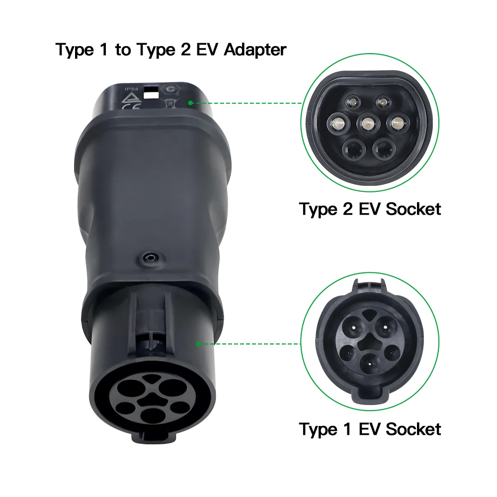 Isigma 32A 7.2kw Type1 to Type2 Electric Vehicle Charging Connector SAE J1772 to IEC 62196-2 EV Charger Converter Adapter