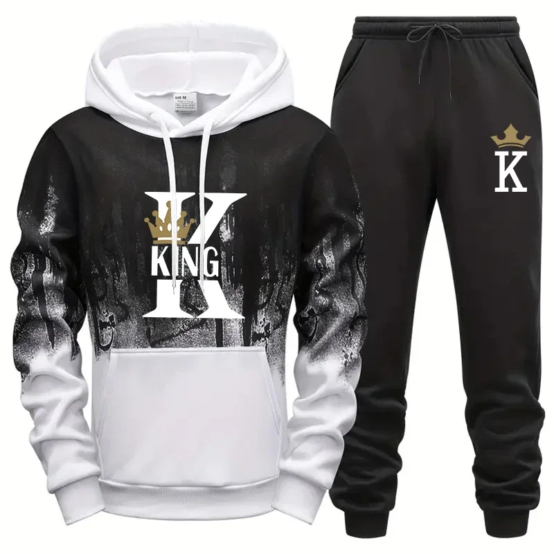 

King Printing Mens Tracksuit Splash-ink Hooded Sweatshirts Outdoors Casual Sports Jogging Mens Clothing Single Piece Tops Pants