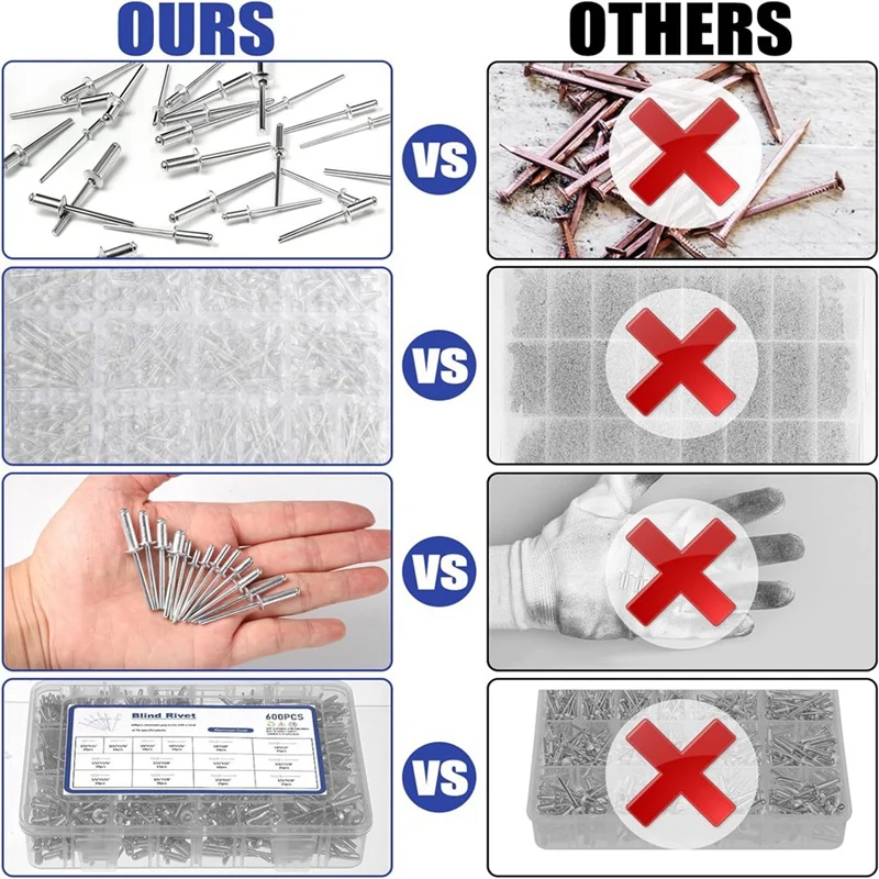 600 قطعة 14 حجم المسامير مجموعة متنوعة المسامير الألومنيوم (3/32 بوصة 1/8 بوصة 5/32 بوصة 3/16 بوصة)، المسامير العمياء المتنوعة