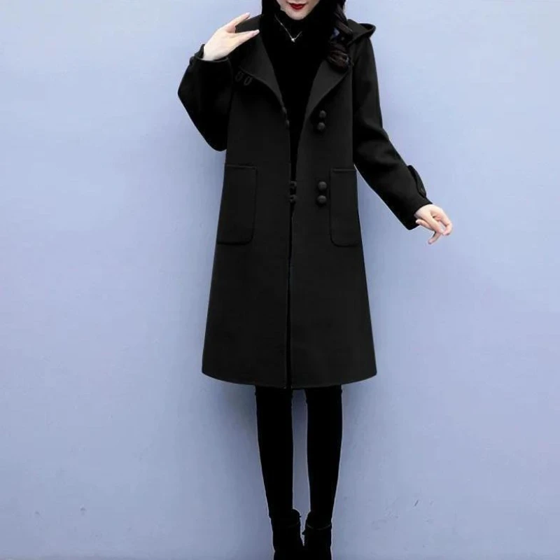 معطف صوفي نسائي 2025 نمط جديد للربيع والخريف النسخة الكورية معطف فضفاض مناسب متوسط الطول بقلنسوة تويد عتيق #3