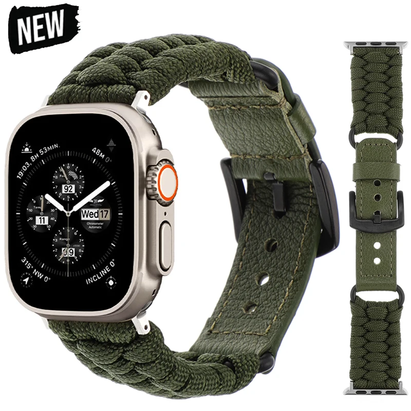 Nylon+Leather Strap for Apple Watch ultra 2 1 49mm 9 8 SE 7 41mm 41mm Tactical Band for iwatch series 6 5 4 40 44mm 42mm 38mm