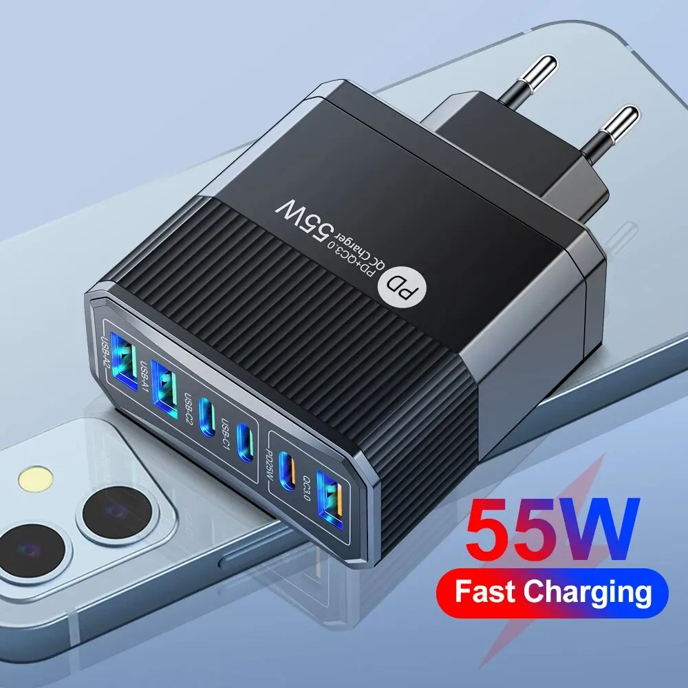 55W PD USB Charger Fast Charging 6 Ports Quick Charge 3.0 Travel Charger For iPhone Samsung Huawei Xiaomi Mobile Phone Charger