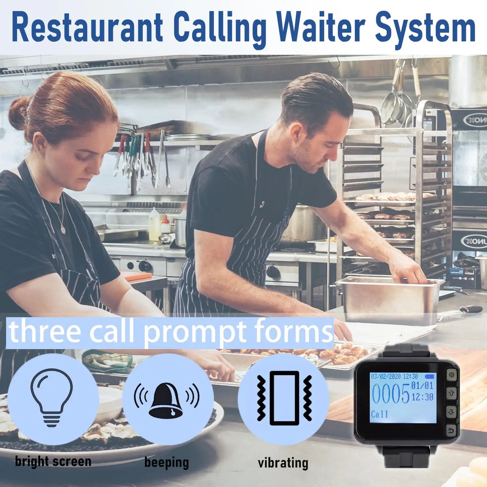 Restaurant Pager System for Servers Kitchen to Waiter Wireless Call System 1pc 7-key Transmitter 7 Watch Receiver for Hotel Bar