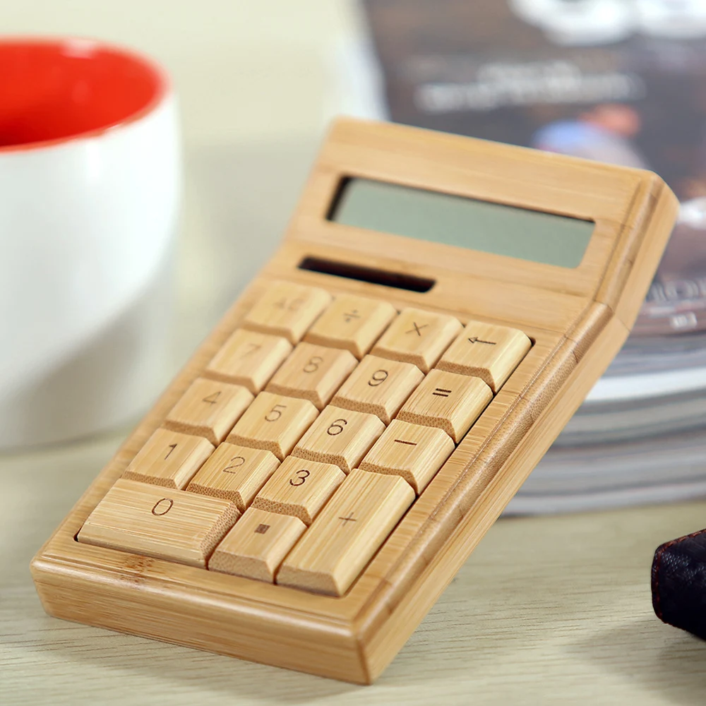 Eco-friendly Bamboo Electronic Calculator Counter Standard Function 12 Digits Solar & Battery Dual Powered for Home Office