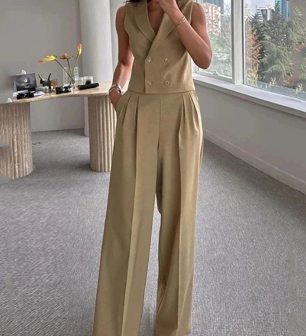 

Two Piece Set Women Outfit 2024 Spring Commuter Notched Collar Sleeveless Vest Top & High Waist Pocket Straight Leg Pants Set