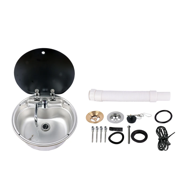 HWHongRV Round Camper Rvs Kitchen Kit Stainless Steel Sink Campervan Tempered Glass Lid Sink, With Foldable Rotating Faucet