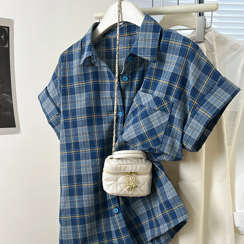 

Women's Vintage Blue Plaid Short Sleeve Sweet Split Blouse Streetwear Power Shirt Lazy Cardigan Top