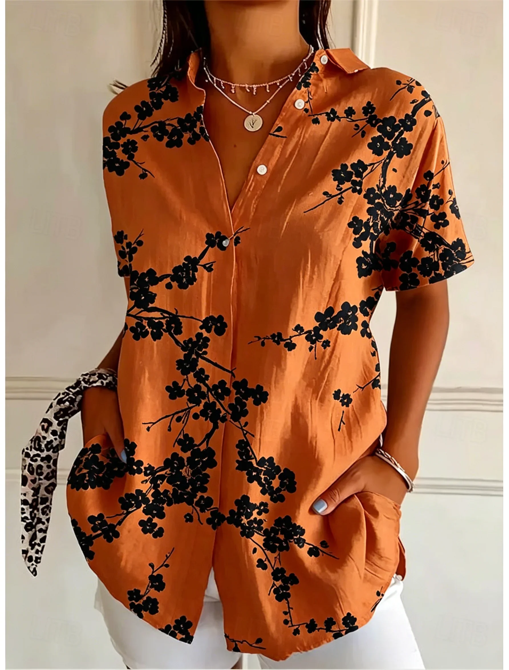 Women's Short Sleeve Floral Print Button Down Casual Shirt Elegant Daily Blouse Tops in Brown for Spring Summer