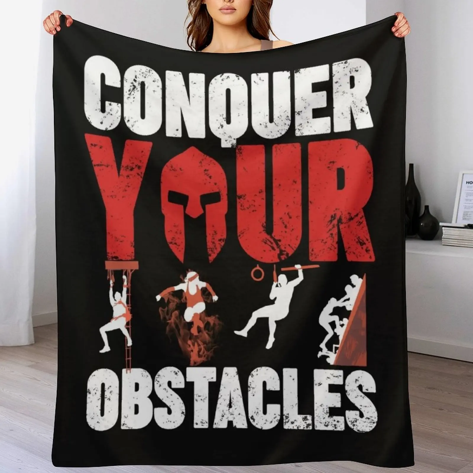 Spartan Conquer Your Obstacle Throw Blanket Vintage Hairys Blankets