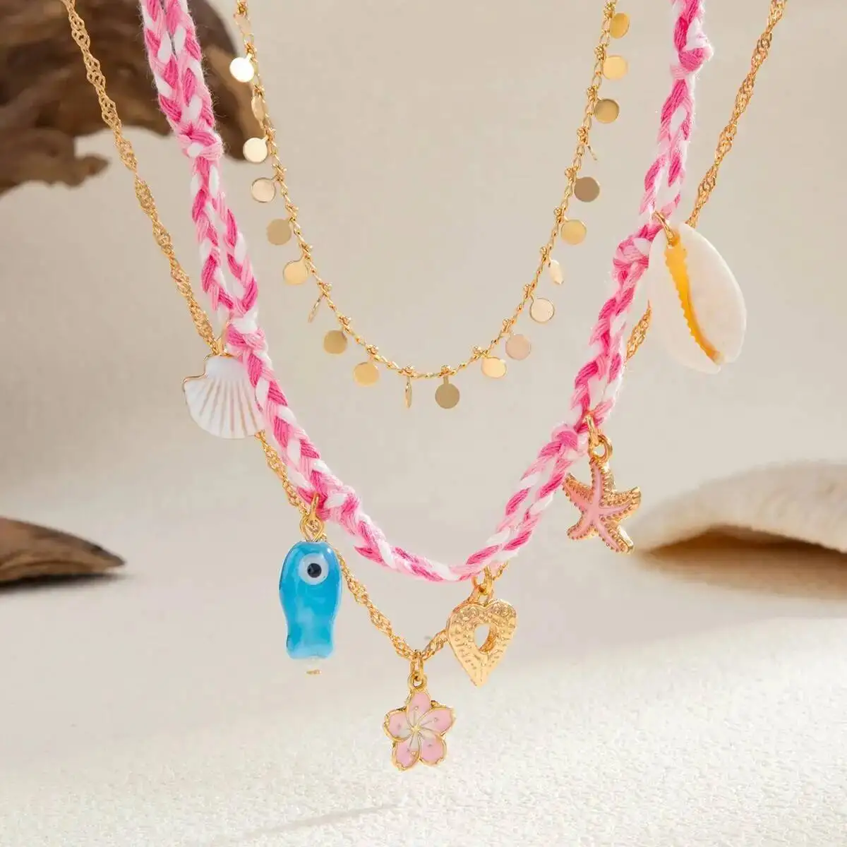 

SHIXIN 3 Pcs/Set Y2K Boho Starfish Flower Love Heart Pendant Necklace Women Ocean Style Pink Braided Rope Choker Clavicle Chain