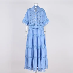 Luxury Hollow Out Long Dresses Two Piece Set Women's 2025 Summer Holiday Embroidery Lace Crop Tops Maxi Skirts Suits Jackets