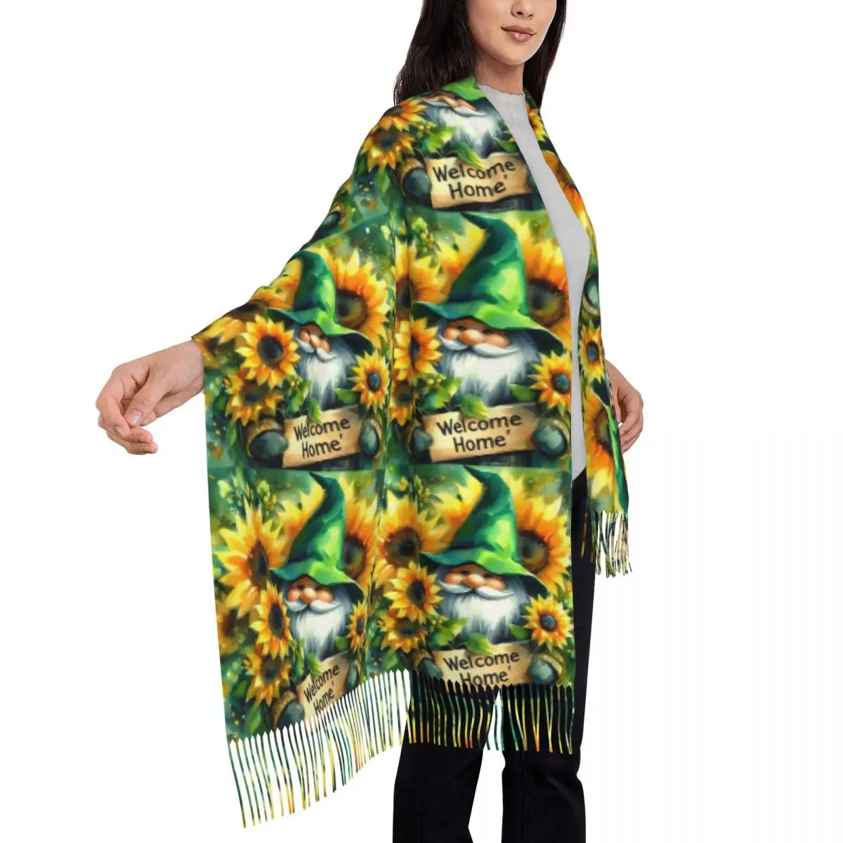 

Домашний шарф с подсолнухом и гномами, шарфы с кисточками, женские мягкие теплые шали и накидки, большая осенне-зимняя шаль