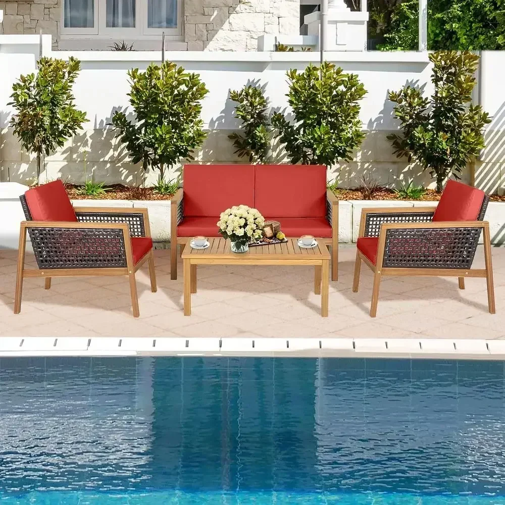 4-Piece Outdoor Acacia Wood Furniture Set with PE Wicker, Coffee Table, and Seat Cushions for Patio, Garden, and Poolside