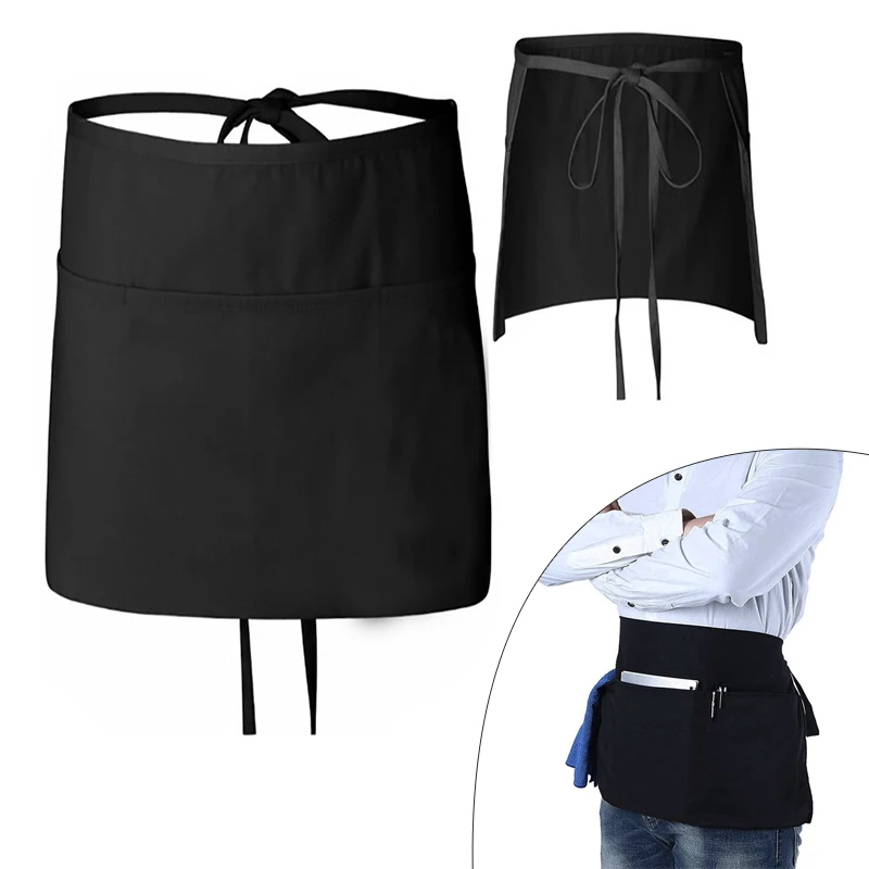 Waiter's Half-Length Work Apron - Black Cafe Kitchen Apron With Pockets For Baristas & Chefs 