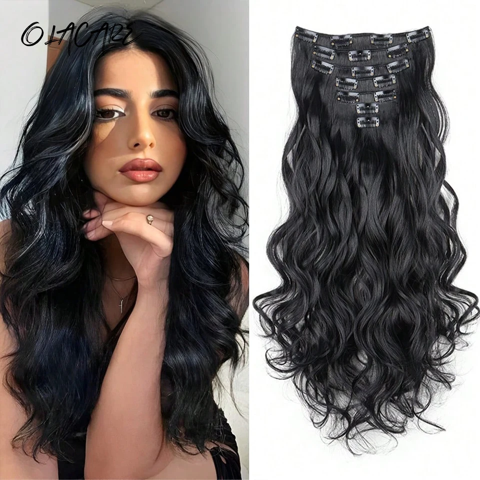

Clip In Hair Extensions 7 PCS Full Head 22 Inch Long Curly Wavy Synthetic Hair Pieces Natural Wavy For Women Girls Hair