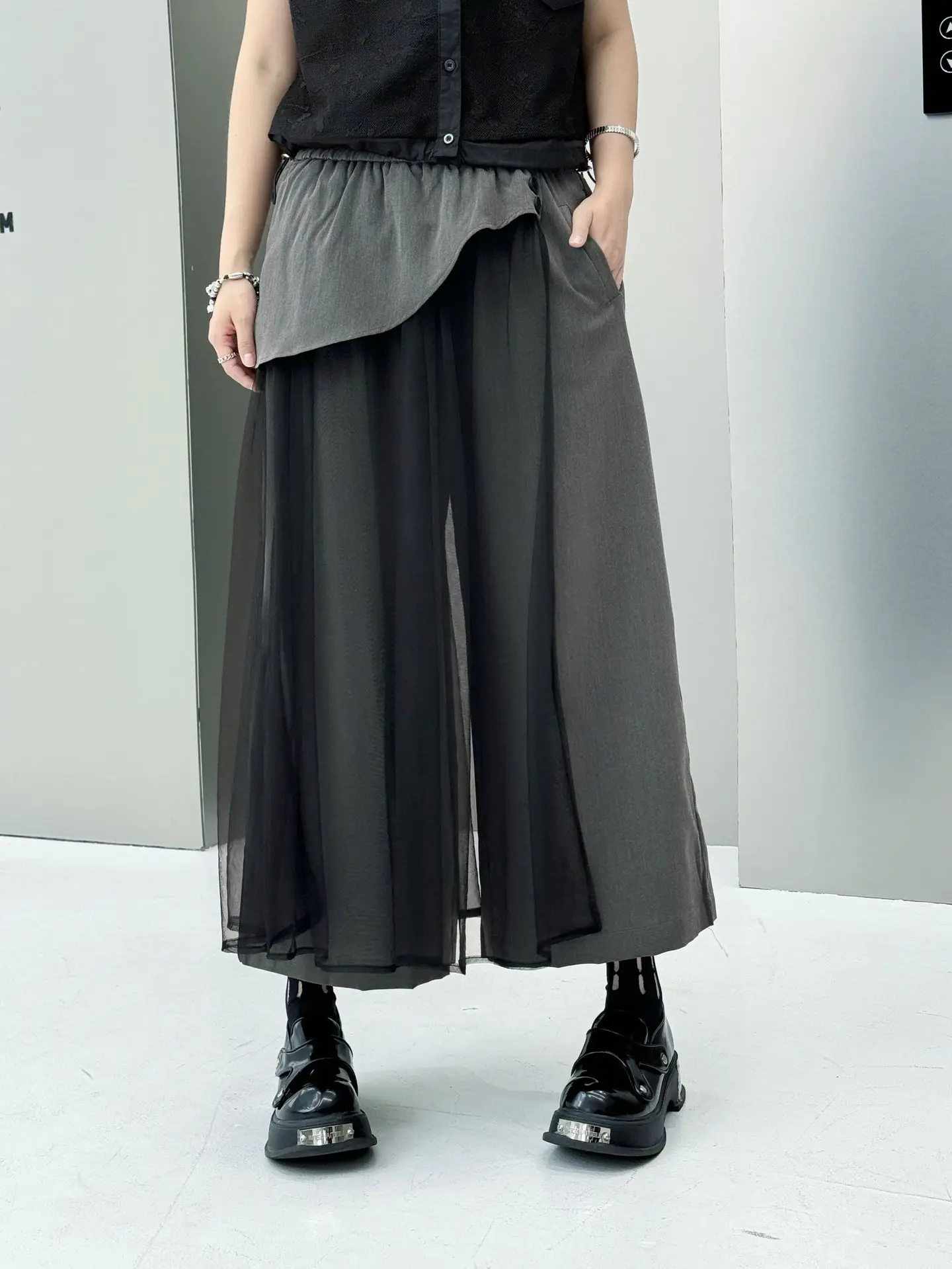 Personality Mesh Patchwork Design High Waist Wide Leg Pants Summer Woman Y2K Clothes Harajuku High Street Pants Pantalones