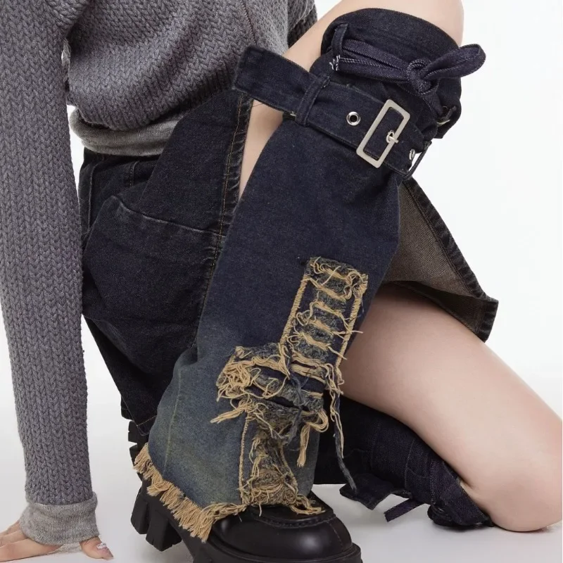 2024 New Vintage Denim Leggings Cowboy Leg Warmers Women Band Belt Tassel Bell-bottoms Foot Cover Y2K Punk Stockings Streetwear