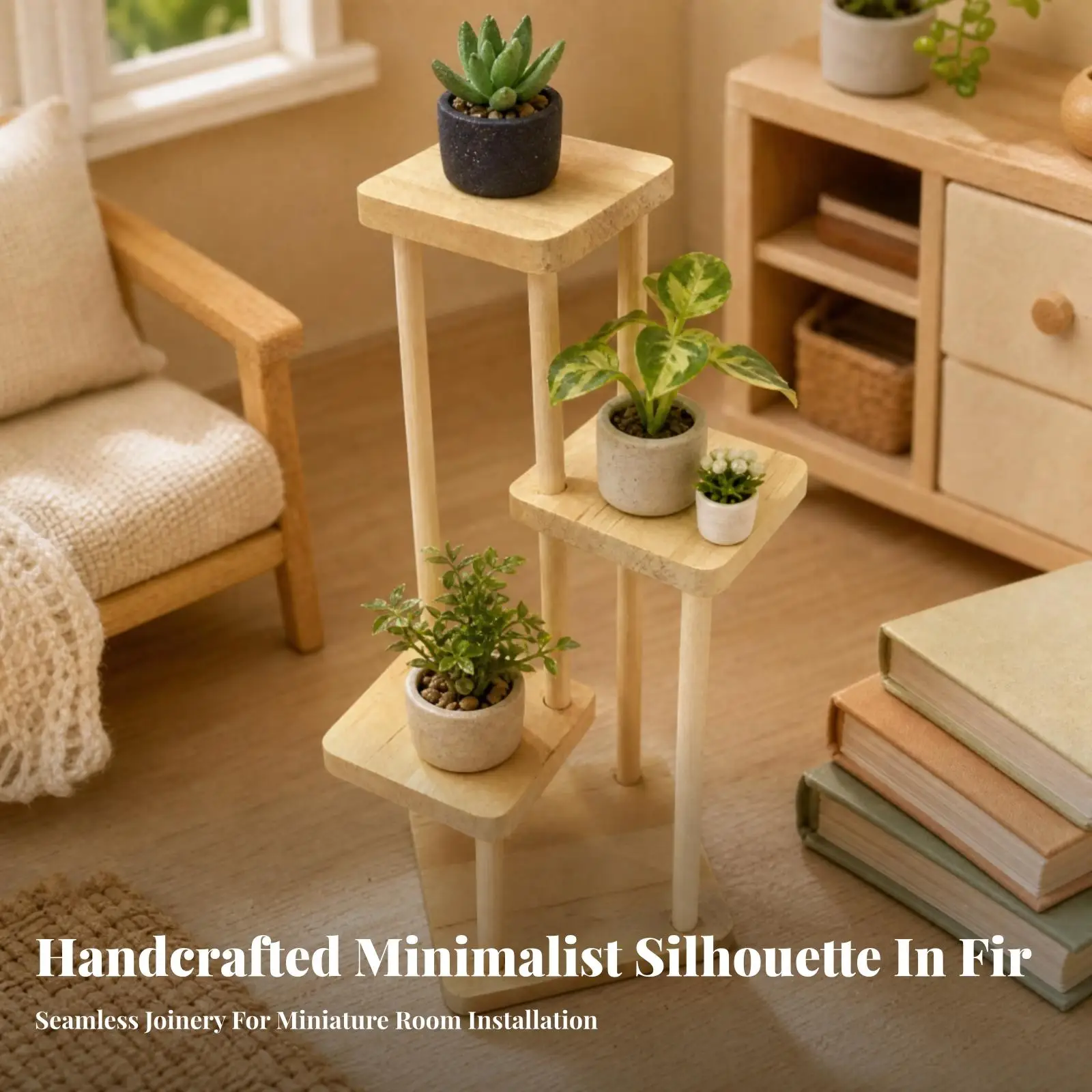 Dollhouse Miniature Display Shelf Wooden Plant Stand with Slender Posts for 1 12 Scale Doll House Flower Pot Holder and Tabletop