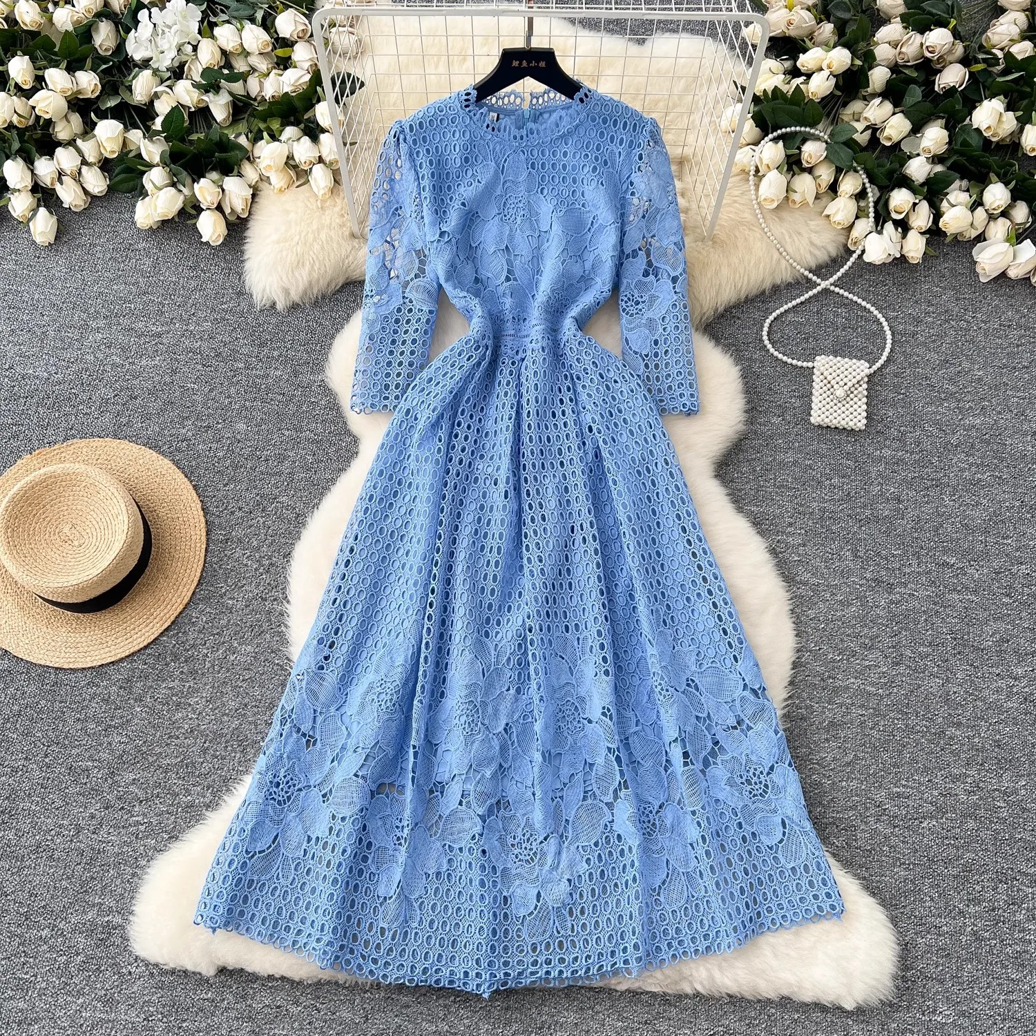 

High-End Crochet Lace Hollow Out Summer Dress Women's Runway Embroidery Designer Vintage Elegant Half Sleeve Midi Dresses