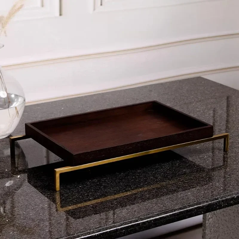 Rectangular tray, brushed gold, stainless steel handle frame, home decoration coffee table, rectangular tray.