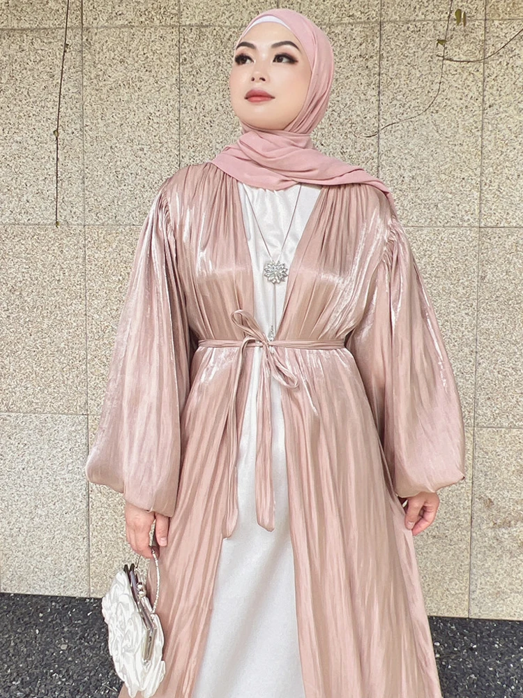 Summer Muslim Women Kimono Open Abaya Imitated Silk Dubai Turk Islamic Clothing Party Evening Ramadan Eid Hijabi Robe (No Scarf)