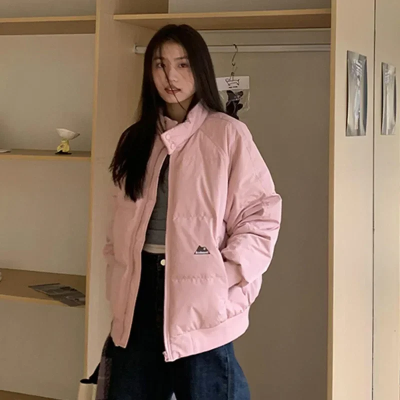 

Pure Color Couples Outerwear Orange Tree Logo Winter Thickened Women's Padded Jacket Stand Collar Loose Fit Neutral Style