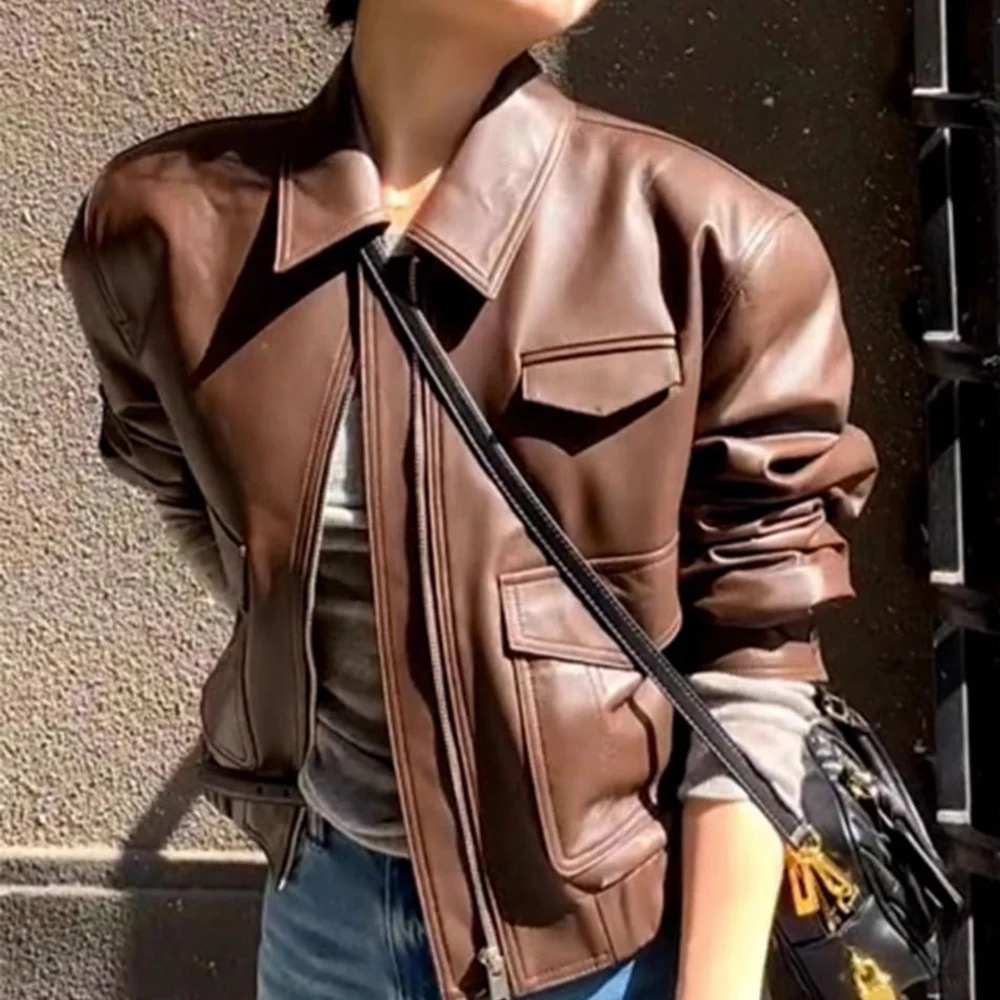 

High-end Haining leather women's short motorcycle leather jacket 2025 spring and autumn new retro top jacket