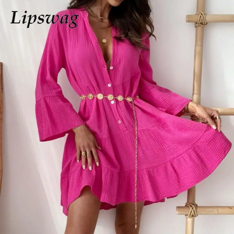 

Casual Solid Spring Buttoned Dresses Fashion 2024 Solid V-neck Office Dress Elegant Women Flare Sleeve Ruffles Slim Party Dress