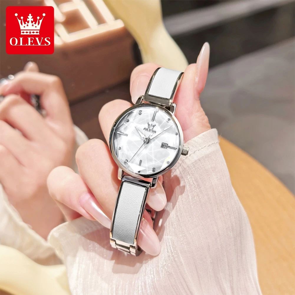 ساعات OLEVS النسائية كاجوال عصرية مريحة بحزام جلدي أصلي كوارتز ساعة يد مقاومة للماء وتاريخ مضيء مقاومة للماء #2