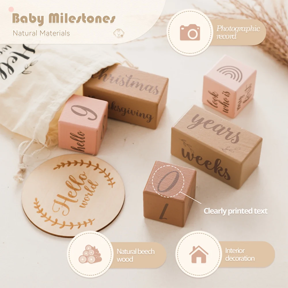 7Pcs Newborn Wooden Milestone Blocks Prop Colorful Square Birthing Monthly Milestones Blocks For Newborn Photography Accessories