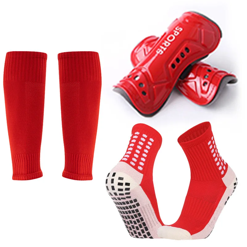 3 Pieces Set Anti Slip Grips Socks and Shin Guard & Sleeve Set for Football Soccer Basketball Leg Support Protection Gear