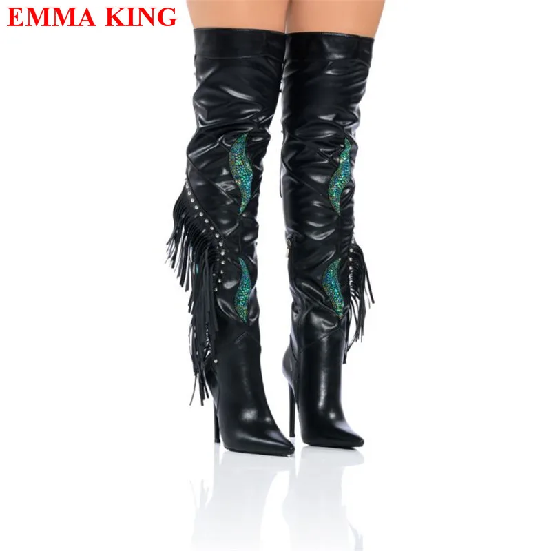 

Rhinestone Women's Thigh High Boots Pointed Toe Long Boots Fringe Women Over The Knee Boots High Heels Sexy Ladies Party Shoes