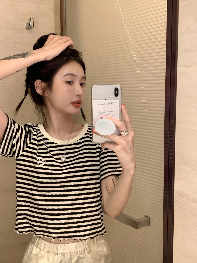 2025 neue Gestreiften Crop Top Frauen Koreanische Crew Neck Sommer Print Kurzarm Tops Dünne Beiläufige Einfache Alle-spiel frauen T Shirts – Detail 12